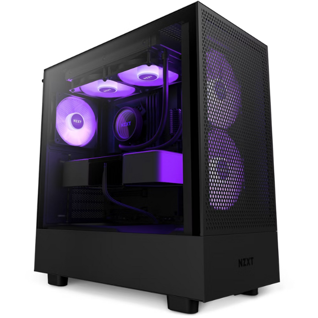 Gabinete NZXT H5 Flow RGB / Negro / Carcasa Compacta ATX / Panel frontal perforado para alto flujo de aire / Panel lateral de vidrio templado / Gestión de cables / 2 Fans Frontales 140mm + 2 Fans 120mm / CC-H51FB-R1