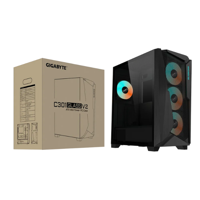 Gabinete Gigabyte C301 GLASS / ATX/E-ATX/micro ATX/Mini-ITX / Cristal Templado / USB 3.0/USB-C / Sin Fuente / 4 Ventiladores Instalados ARGB / GB-C301G/