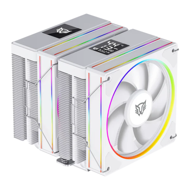 Enfriamiento de Aire | Heliux Pro HEX75 | Display para monitoreo de temperatura + RGB | 6 Pipas | TDP 270 W | Compatibilidad AMD + Intel | 2x Ven 120mm + Rodamiento Hidráulico + 600 - 2000 RPM + 74.27CFM + 30 dB + PWM 4 Pin + ARGB 3pin | Legend | Blanco