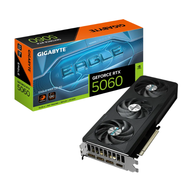 GIGABYTE GeForce RTX 5060 Eagle MAX OC 8G Tarjeta gráfica - 8GB GDDR7, 128bit, PCI-E 5.0, 2550 MHz Core Clock, 3 x DisplayPort, 1 x HDMI, NVIDIA DLSS 4, GV-N5060EAGLEMAX OC-8GD 1.0