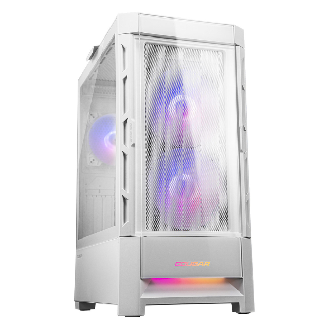 Gabinete Cougar DUOFACE RGB / Doble panel frontal: Malla y RGB / Cristal Templado / RGB / Excelente Flujo de Aire / Blanco / 385ZD10.0003