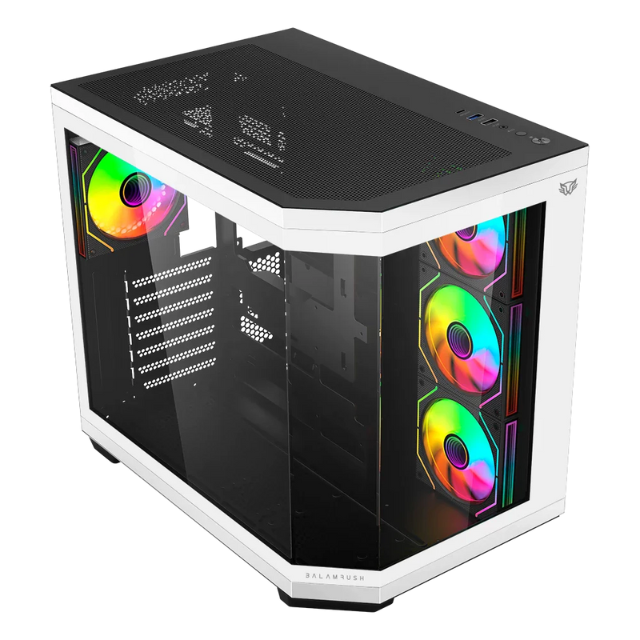 Gabinete Balam Rush Tank Master 9600 TB / Midi-Tower, ATX/Micro-ATX/ITX / Cristal Templado / USB 3.0/2.0 / 3 Ventiladores RGB Instalados / Blanco con Negro / BR-938693