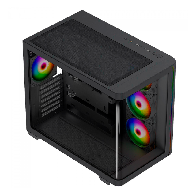 Gabinete Munfrost Hirow / Cristal Full Curve Templado / ATX-Micro ATX-Mini ITX / 4 Ventiladores ARGB Incluidos / Negro