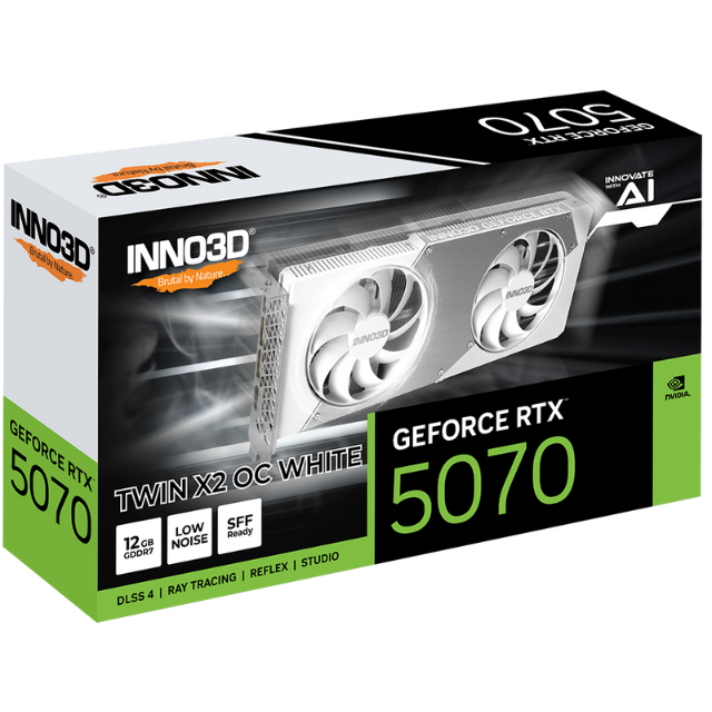 Tarjeta de Video INNO3D NVIDIA GeForce RTX 5070 TWIN X2 OC Edition / 12GB GDDR7 / DisplayPort x3 / HDMI / White / N50702-12D7X-195064W