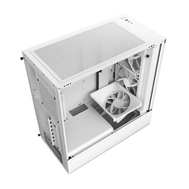 Gabinete NZXT H5 Flow RGB / Blanco / Carcasa Compacta ATX / Panel frontal perforado para alto flujo de aire / Panel lateral de vidrio templado / Gestión de cables / 2 Fans Frontales 140mm + 2 Fans 120mm / CC-H51FW-R1