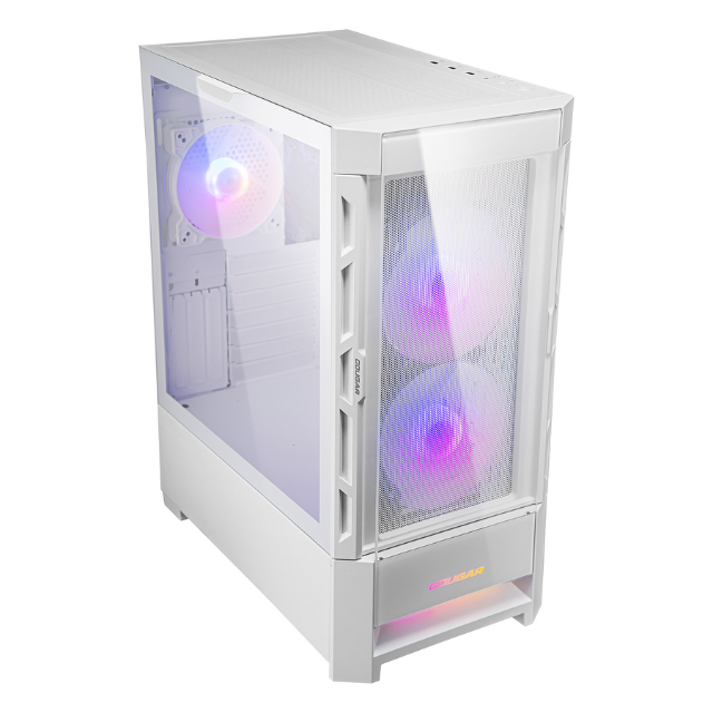 Gabinete Cougar DUOFACE RGB / Doble panel frontal: Malla y RGB / Cristal Templado / RGB / Excelente Flujo de Aire / Blanco / 385ZD10.0003