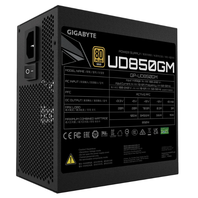 Fuente de Poder Gigabyte UD850GM 80 PLUS Gold, Modular, 24-pin ATX, 120mm, 850W