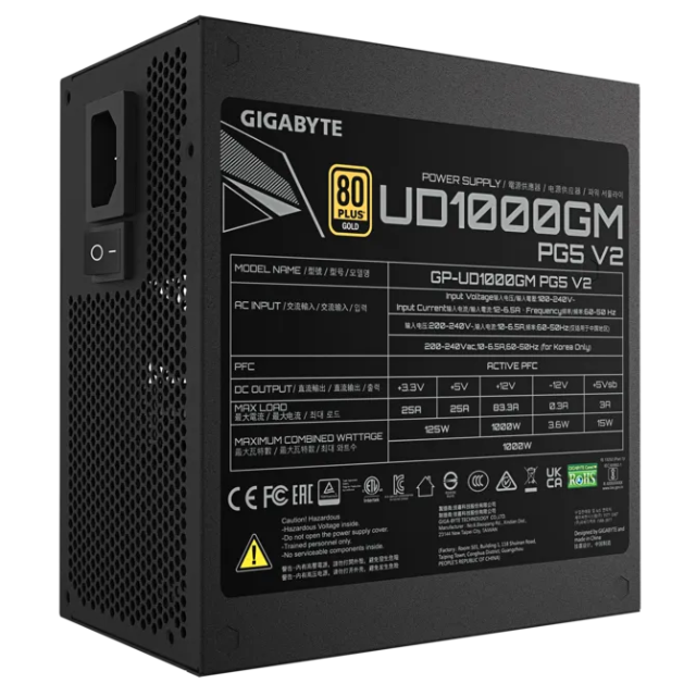 Fuente de Poder Gigabyte 1000W UD1000GM PG5 V2 / 1000W / 80+ Gold / Totalmente Modular / PCIe 5.0 Ready (16-pin) BLACK