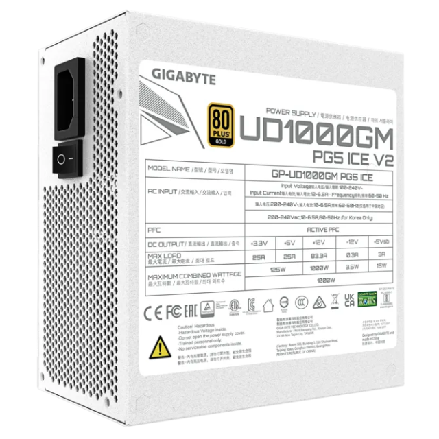 Fuente de Poder Gigabyte 1000W UD1000GM PG5 V2 / 1000W / 80+ Gold / Totalmente Modular / PCIe 5.0 Ready (16-pin) WHITE