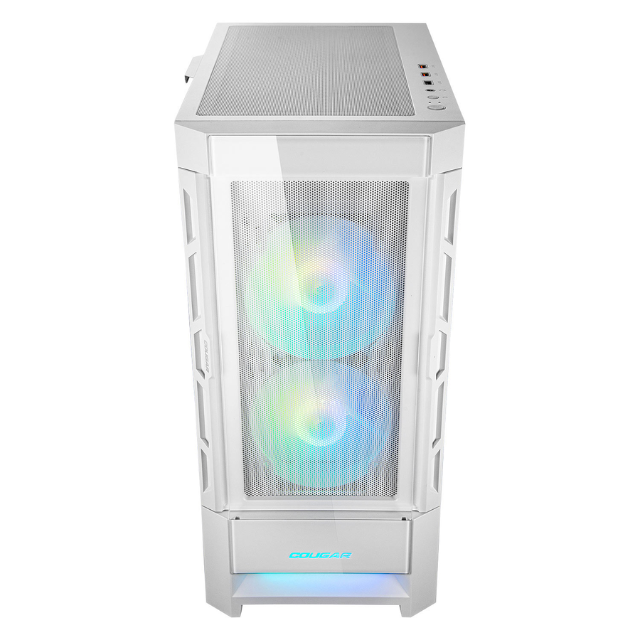 Gabinete Cougar DUOFACE RGB / Doble panel frontal: Malla y RGB / Cristal Templado / RGB / Excelente Flujo de Aire / Blanco / 385ZD10.0003