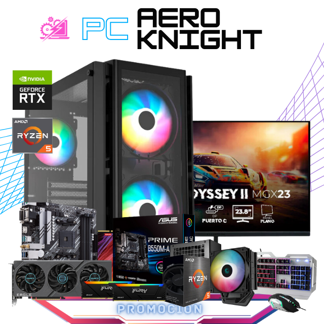 PC AERO KNIGHT BUNDLE / AMD RYZEN 5 5600X / RTX 4060 TI / 16GB RAM / 1TB SSD M.2 NVME / DISIPADOR DE TORRE ARGB / FUENTE 700W 80 PLUS BRONZE/ INCLUYE MONITOR BALAMRUSH 165HZ 1MS 23.8" / TECLADO Y MOUSE DE REGALO / PROMOCION