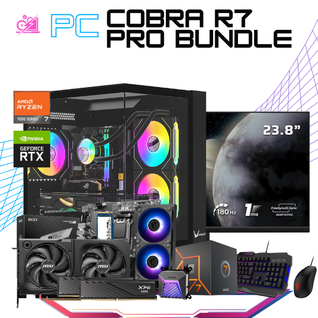 PC COBRA R7 PRO BUNDLE / AMD RYZEN 7 7700 / RTX 5060 TI 16GB / 32GB RAM DDR5 /1TB SSD M.2 NVME / ENFRIAMIENTO LIQ 240MM / FUENTE 750W 80+ BRONZE / INCLUYE MONITOR 23.8" FHD 180HZ 1MS / KIT TECLADO Y MOUSE / PROMOCION