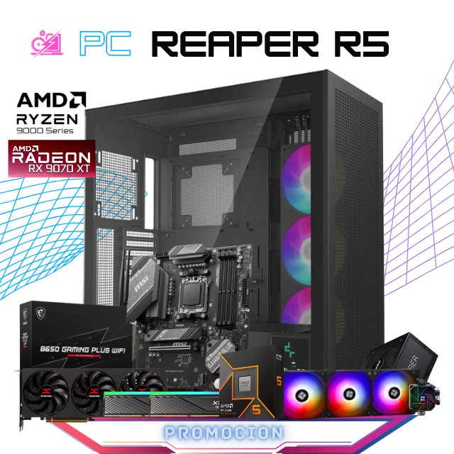 PC REAPER R5 / AMD RYZEN 5 9600X / RADEON RX 9070 XT / 32GB RAM DDR5 / 2TB SSD NVME / ENFRIAMIENTO LIQ 360MM / FUENTE 750W 80+ GOLD / PROMOCION
