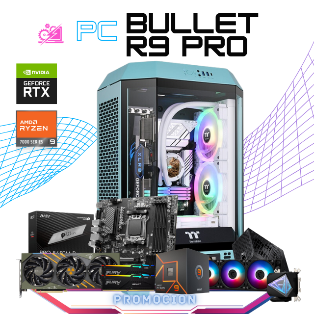 PC BULLET R9 PRO / AMD RYZEN 9 7900 / RTX 4070 TI SUPER / 32GB RAM DDR5 / 2TB SSD M.2 NVME / ENFRIAMIENTO LIQ 360MM / FUENTE 850W 80+ GOLD / W11 PRO / PROMOCION