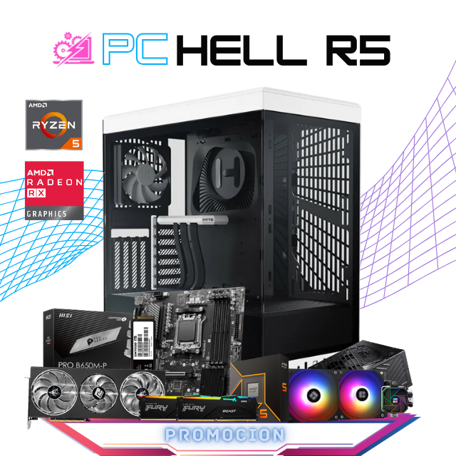 PC HELL R5 / AMD RYZEN 5 9600X / RADEON RX 7700XT / 32GB RAM DDR5 / 1TB SSD M.2 NVME / FUENTE 850W 80+ GOLD / ENFRIAMIENTO LIQ 240MM / W11 PRO CON LICENCIA DE REGALO /  PROMOCION