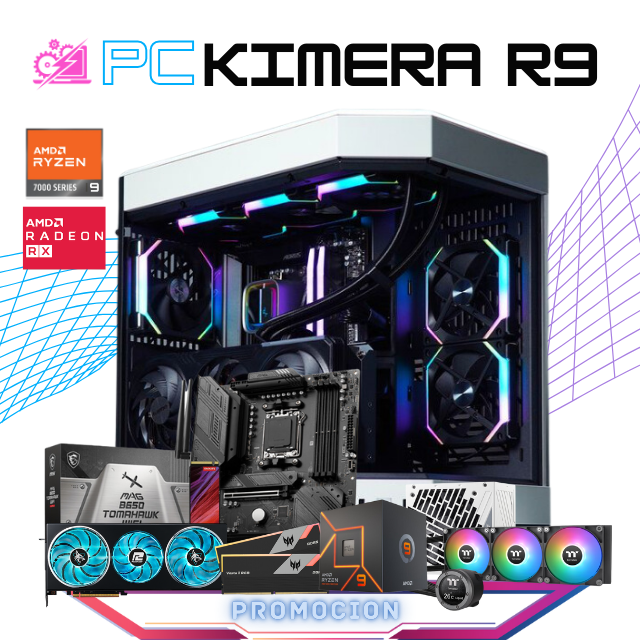 PC KIMERA R9 / AMD RYZEN 9 7900 / RADEON RX 7800XT / 32GB RAM DDR5 / 2TB SSD M.2 NVME / ENFRIAMIENTO LIQUIDO 360MM CON PANTALLA / FUENTE 850W 80+ GOLD / PROMOCION