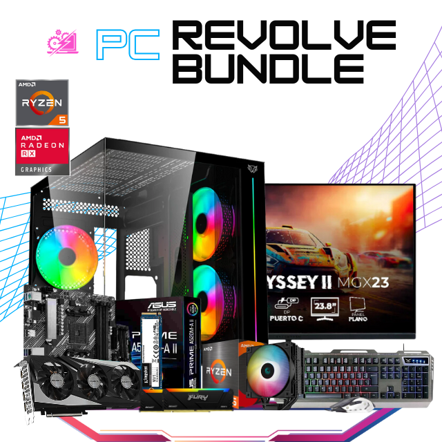 PC REVOLVE BUNDLE / AMD RYZEN 5 5500 /  RADEON RX 7600 / 16GB RAM / 1TB SSD M.2 NVME / DISIPADOR DE TORRE ARGB / FUENTE 550W 80+ BRONZE / INCLUYE MONITOR 23.8" FHD 165HZ 1MS / TECLADO Y MOUSE DE REGALO / PROMOCION