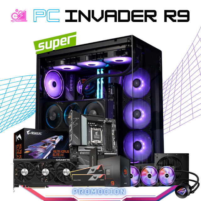 PC INVADER R9 / AMD RYZEN 9 7950X / RTX 4070 TI SUPER / 32GB RAM DDR5 / 2TB SSD M.2 NVME / ENFRIAMIENTO LIQUIDO 360MM / FUENTE 850W 80+ BRONZE / PROMOCION