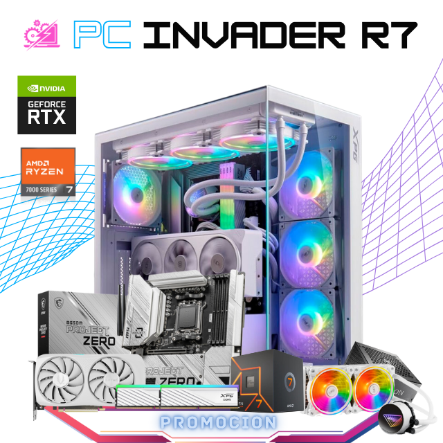 PC INVADER R7 / AMD RYZEN 7 7700 / RTX 4060 TI  / 32GB RAM DDR5 / 1TB SSD M.2 NVME / FUNETE 750W 80+ BRONZE/ ENFRIAMIENTO LIQ 240MM / PROMOCION