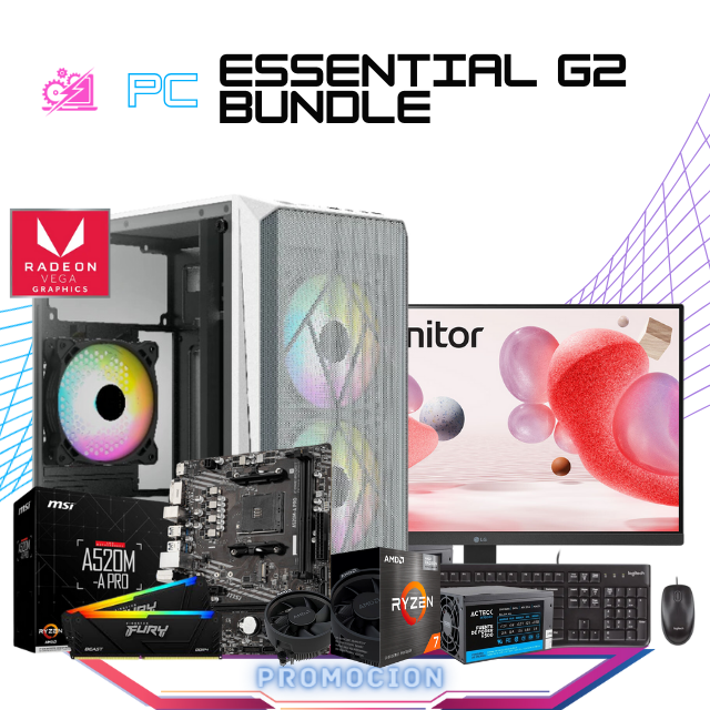 PC ESSENTIAL G2 BUNDLE / AMD RYZEN 7 5700G / RADEON VEGA GRAPHICS / 16GB RAM / 500GB SSD / FUENTE 500W / MONITOR 24" FHD 100HZ 5MS / KIT TECLADO Y MOUSE / PROMOCION