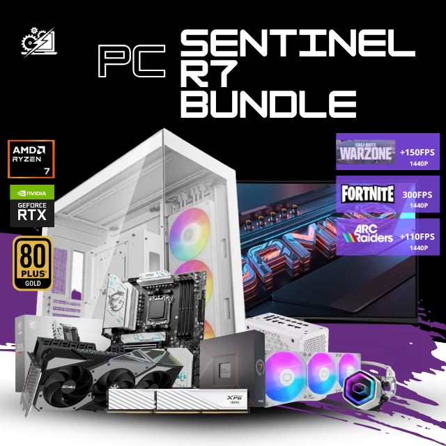 PC SENTINEL R7 BUNDLE / AMD RYZEN 7 7700X / RTX 5070 TI 16G / 32GB RAM DDR5 / 1TB SSD NVME / ENFRIAMIENTO LIQ 360MM / FUENTE 850W 80+ GOLD / W11 PRO / MONITOR 27" 1440P 180HZ/ PROMOCION