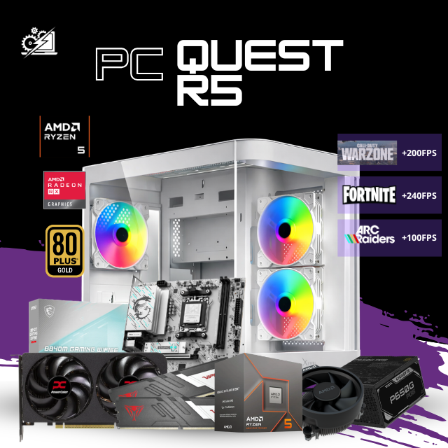 PC QUEST R5 / AMD RYZEN 5 8400F / RADEON RX 9060 XT 8G / 16GB RAM DDR5 / 1TB SSD NVME / FUENTE 650W 80+ GOLD / W11 PRO / PROMOCION