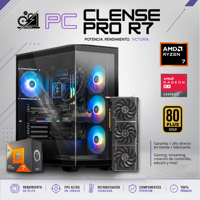 PC CLENSE PRO R7 / AMD RYZEN 7 7800X3D/ RADEON RX 9070 XT 16G / 32GB RAM DDR5 / 1TB SSD NVME / ENFRIAMIENTO LIQ 240MM / FUENTE 850W 80+ GOLD / W11 PRO / PROMOCION