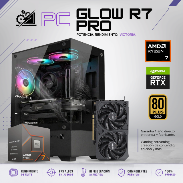 PC GLOW R7 PRO / AMD RYZEN 7 8700F / RTX 5060 / 24GB RAM DDR5 / 1TB SSD NVME / A620M / FUENTE 650W 80+ GOLD / W11 PRO / PROMOCION