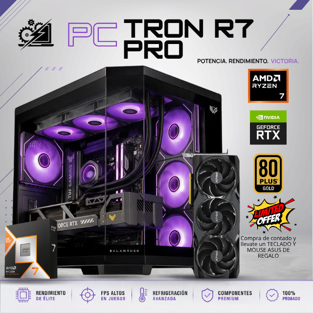 PC TRON R7 PRO / AMD RYZEN 7 9800X3D / RTX 5080 16GB / 32GB RAM DDR5 / 2TB SSD NVME / ENFRIAMIENTO LIQUIDO 360MM / FUENTE 850W 80+ GOLD / W11 PRO / PROMOCION