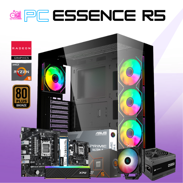 PC ESSENCE R5 / AMD RYZEN 5 8600G / RADEON 760M / 16GB RAM DDR5 / 500GB SSD NVME / FUENTE 550W 80+ BRONZE / DISIPADOR DE TORRE ARGB / W11 PRO /  PROMOCION