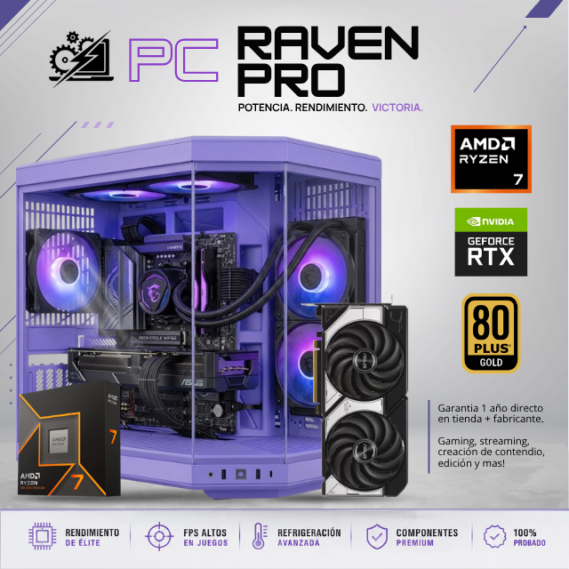 PC RAVEN PRO R7 / AMD RYZEN 7 9700X / RTX 5070  / 24GB RAM DDR5 / 1TB SSD NVME / B650 / ENFRIAMIENTO LIQUIDO 240MM / FUENTE 850W 80+ GOLD / W11 PRO / PROMOCION