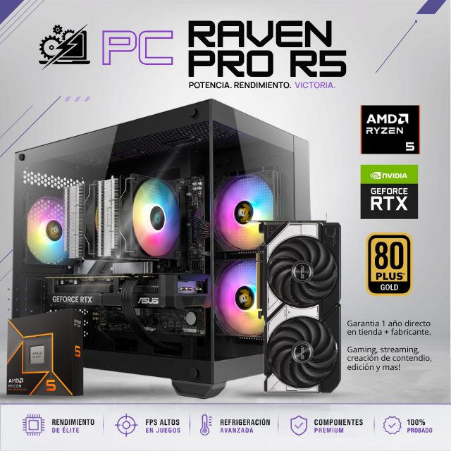 PC RAVEN PRO R5 / AMD RYZEN 5 9600X / RTX 5070 / 24GB RAM DDR5 / 1TB SSD NVME / FUENTE 850W 80+ GOLD / B840M / DISIPADOR DE TORRE DOBLE FAN / W11 PRO / PROMOCION
