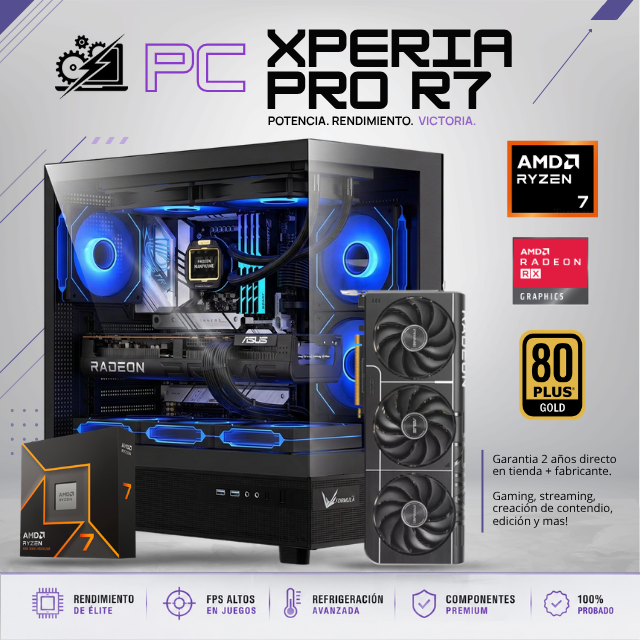 PC XPERIA PRO R7 / AMD RYZEN 7 9700X / RADEON RX 9070 XT 16G / 32GB RAM DDR5/ 1TB SSD NVME / ENFRIAMIENTO LIQ 240MM CON PANTALLA/ FUENTE 850W 80+ GOLD / PROMOCION