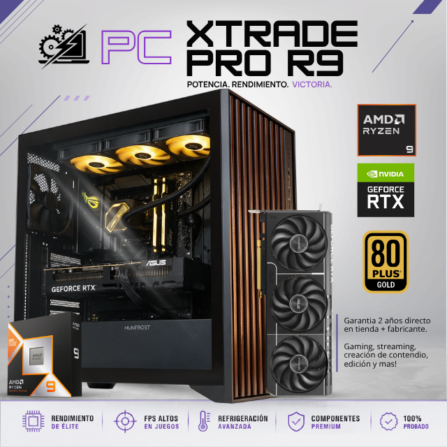 PC XTRADE PRO R9 / AMD RYZEN 9 9950X3D / RTX 5070 TI / 32GB RAM DDR5 / 2TB SSD NVME / ENFRIAMIENTO LIQUIDO 360MM / FUENTE 1000W 80+ GOLD / W11 PRO / PROMOCION