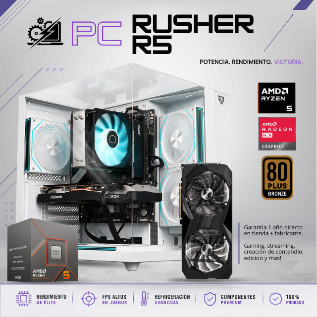 PC RUSHER R5 / AMD RYZEN 5 8400F / RADEON RX 7600 / 16GB RAM DDR5 / 1TB SSD NVME / FUENTE 650W 80+ BRONZE / DISIPADOR DE TORRE / W11 PRO / PROMOCION