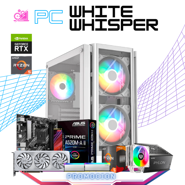 PC WHITE WHISPER / AMD RYZEN 5 5600X / RTX 4060 / 16GB RAM / 1TB SSD M.2 NVME / DISIPADOR DE TORRE FRGB / FUENTE 650W 80+ BRONZE / W10 PRO / PROMOCION