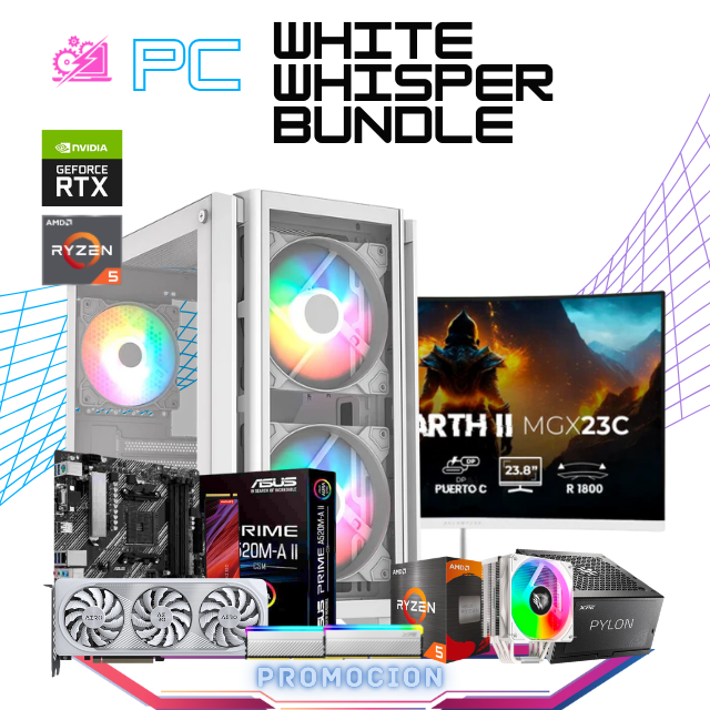 PC WHITE WHISPER BUNDLE / AMD RYZEN 5 5600X / RTX 4060 / 16GB RAM / 1TB SSD M.2 NVME / DISIPADOR DE TORRE FRGB / FUENTE 650W 80+ BRONZE/ INCLUYE MONITOR 23.8" 165HZ 1MS FHD / W10 PRO / PROMOCION