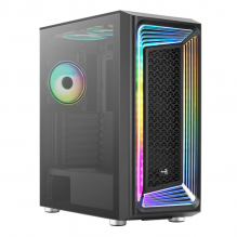 Gabinete AeroCool Interstellar con Crstal Templado / ARGB / Midi-Tower, ATX/Micro-ATX/Mini-ITX / USB 3.0 / Sin Fuente / 5 Ventiladores Instalados / Negro / Interstellar-G-BK-v1